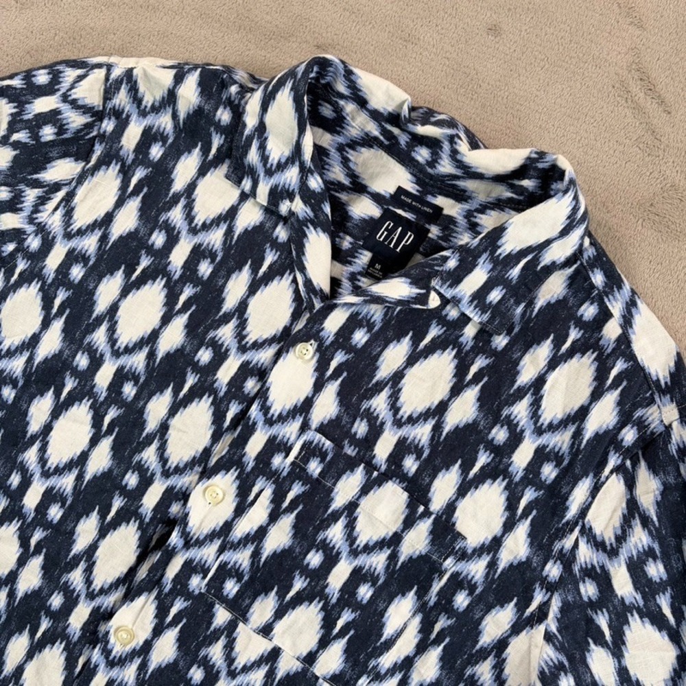 Gap Loop Collar Camp Shirt in Blue White Geometric Linen Cotton Men Medium